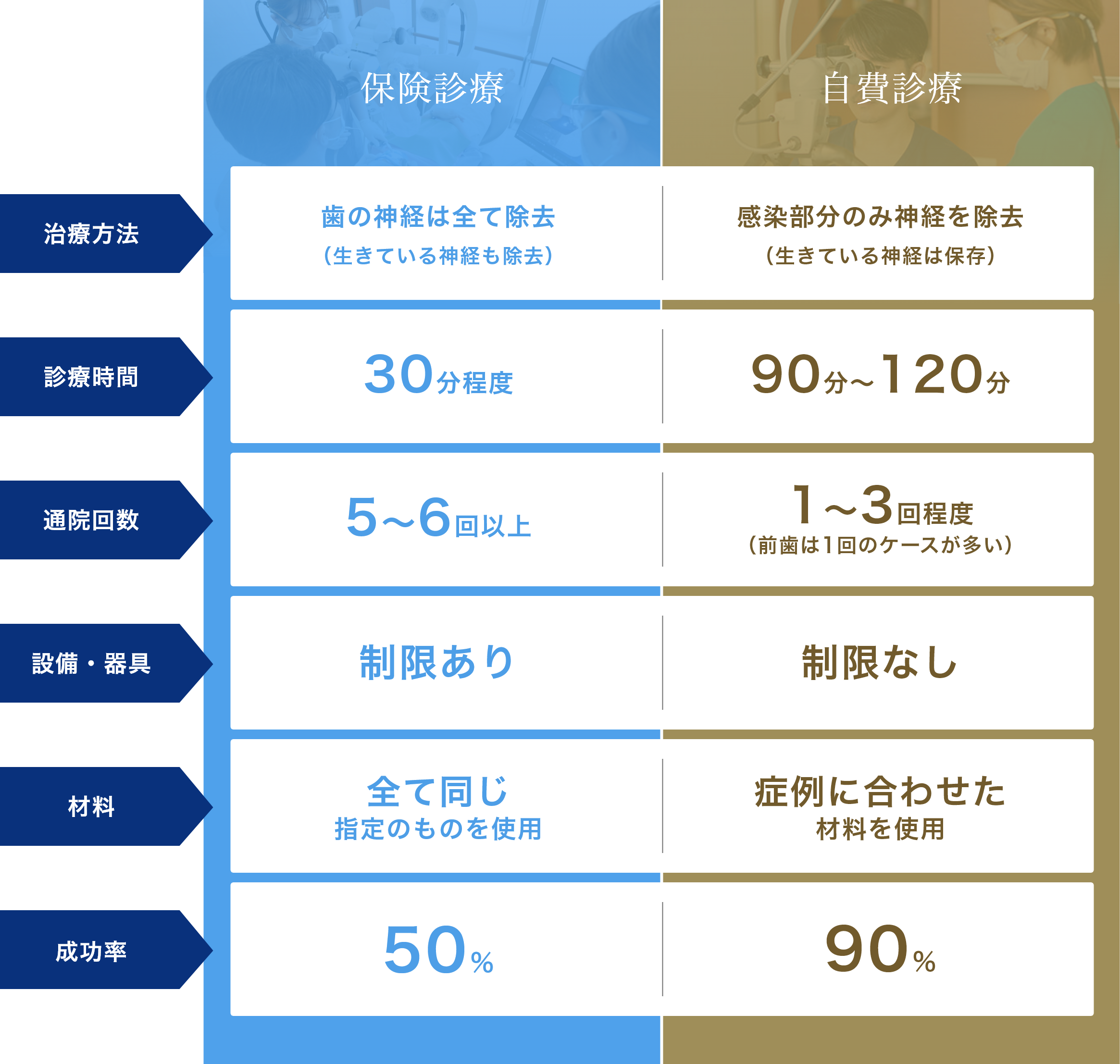 保険診療と自費診療の根管治療の違いを比較した表。治療方法、診療時間、通院回数、設備・器具、材料、成功率について、それぞれの特徴が並べて記載されている。