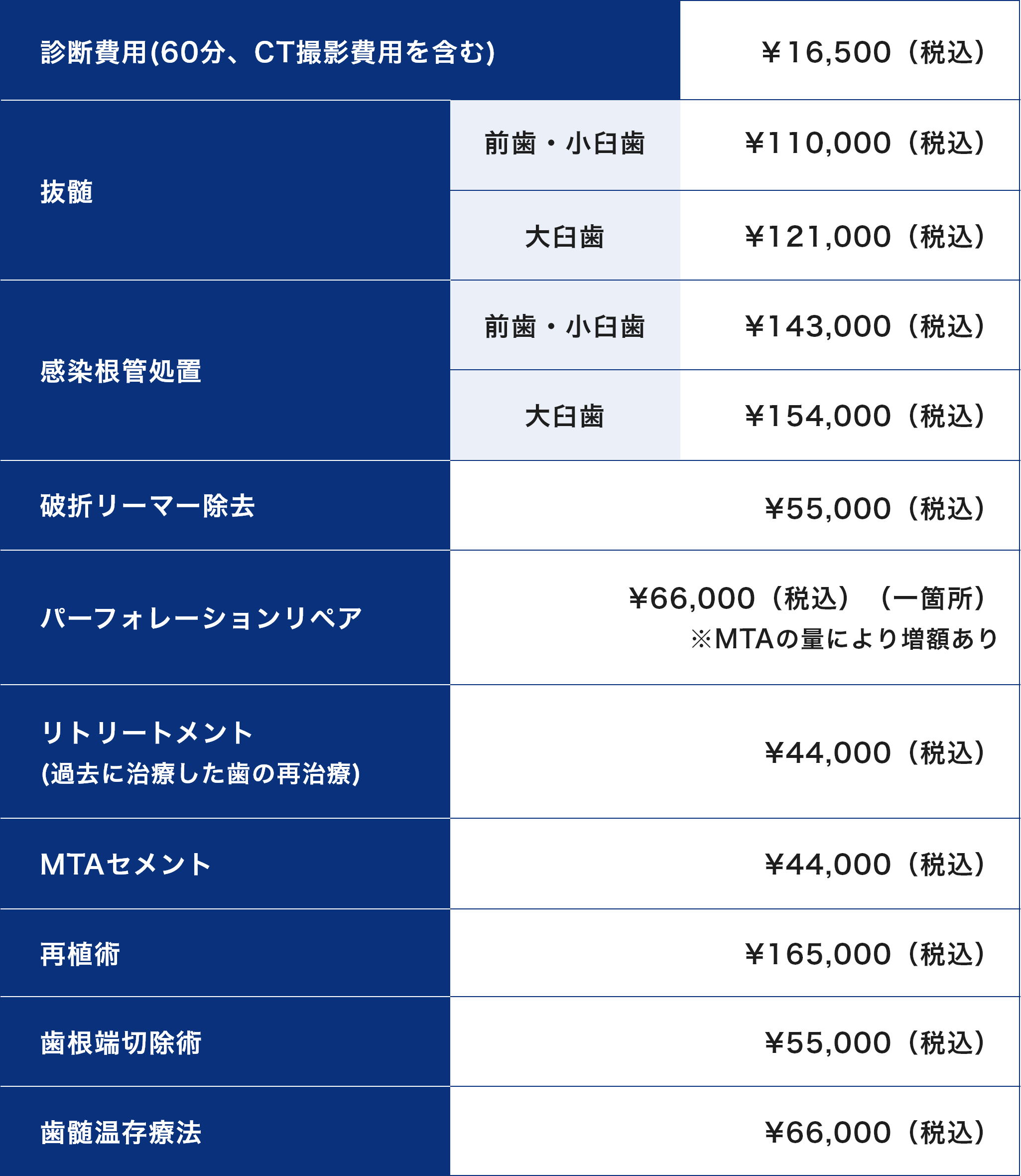 「自費診療の料金表：診断費用、抜歯、感染根管処置、破折リーマー除去、パーフォレーションリペア、リトリートメント、MTAセメント、再植術、歯根端切除術、歯髄温存療法の各治療ごとの税込価格一覧」